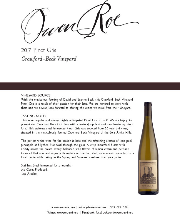 2017 Crawford-Beck Vineyard Pinot Gris Tasting Sheet